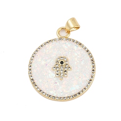 Настоящее золото 18K Латунные микро проложить кубического циркония подвески, плоские круглые с хамсой ручные подвески, с синтетическим опалом, долговечный, стойки покрытие, без свинца и без кадмия, реальный 18 k позолоченный, 28.5x24x2.5 мм, отверстие : 5x3 мм
