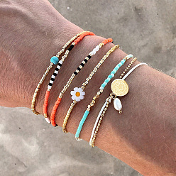 (52) Непрозрачная лаванда 5 шт. 5 браслеты в богемном стиле из стеклянного бисера и плетеных бусин, а также 304 двухслойные браслеты с подвесками из нержавеющей стали для женщин, ромашка и плоский круглый цветок со святым Бенедиктом, разноцветные, 11.02 дюйм (28 см)