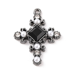 Черный Подвески из латуни с микро-паве в виде креста с прозрачным кубическим цирконием, с пластиковой жемчужины, чёрные, 29x22.5x5 мм, отверстие : 1.6 мм