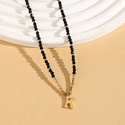 Letter K Женское ожерелье с подвеской из натуральной черной шпинели в форме круглой граненой буквы «Инициал» из нержавеющей стали, золотые, Письмо K, 14.96 дюйм (38 см)