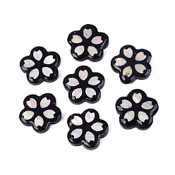 Black Acrylic & Natural Freshwater Shell Cabochons, Flower, Black, 16~16.5x16.5~17x3~4mm