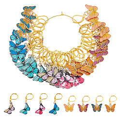 Mixed Color 32Pcs 8 Colors Butterfly Alloy Enamel Pendant Locking Stitch Markers, with Brass Leverback Earring Findings, Mixed Color, 30~37mm, 4pcs/color