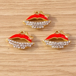 Rot Emaille Anhänger Legierung, mit Strass, golden, Lippe mit Schleifenanhänger, rot, 13x17 mm, 10 Stück / Set