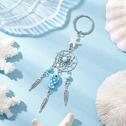 Светло-Голубой Сплав брелки для ключей с рыбками на тему океана, с фарфором, синтетической бирюзой и бусинами из натурального говлита, Небесно-голубой, 137 мм