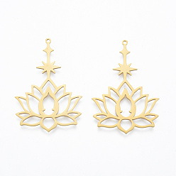 Настоящее золото 18K 201 подвески из нержавеющей стали, лотос со звездой, реальный 18 k позолоченный, 44x30x1 мм, отверстие : 1.4 мм