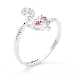 Platinum Fox Rhodium Plated 925 Sterling Silver Cuff Ring for Girl Women, Adjustable Animal Orange Red Cubic Zirconia Open Ring, Platinum, US Size 8 1/2(18.5mm)