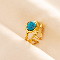Синтетическая Бирюза Регулируемые 304 манжеты из нержавеющей стали с открытыми кольцами для женщин, с синтетическими бирюзовый, золотые, 15 мм, внутренний диаметр: 17 мм
