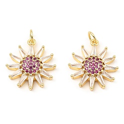 Medium Violet Red Rack Plating Brass Micro Pave Clear Cubic Zirconia Pendants, Cadmium Free & Lead Free, Real 16K Gold Plated, Sun, Medium Violet Red, 20x18x3.5mm