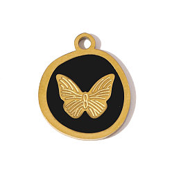 Настоящее золото 18K 304 нержавеющей стальной эмали подвески, плоский круглый с подвесками в виде бабочек, ионное покрытие (ip), реальный 18 k позолоченный, 18x15 мм