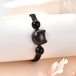 Черный Браслеты из бисера с кошачьей головой и мозгами из смолы, регулируемые женские браслеты из вощеного шнура, чёрные, внутренний диаметр: 1-1/2~2-7/8 дюйм (3.9~7.2 см)