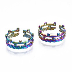 Rainbow Color 304 Stainless Steel Olive Leaf Wrap Cuff Ring, Rainbow Color Open Ring for Women, US Size 7(17.3mm)