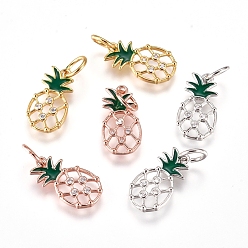 (52) Непрозрачная лаванда Латунь эмаль прелести, с микропаве из кубического циркония и прыжковыми кольцами, ананас, прозрачный и зеленый, разноцветные, 13x7x1.6 мм, отверстие : 3.4 мм
