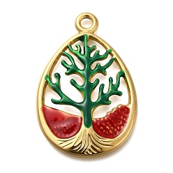 Зеленый Ионное покрытие (ip) 304 подвески из нержавеющей стали с эмалью, реальный 18 k позолоченный, капля с амулетом «Древо жизни», зелёные, 36x24x3 мм, отверстие : 2.4 мм