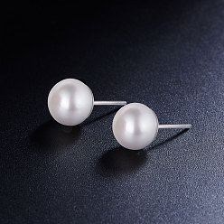 White 925 Sterling Silver Ear Studs, with Freshwater Pearl and Ear Nuts, Round, White, 8mm
