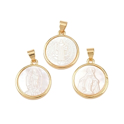 Virgin Натуральный белый оболочки плоские круглые подвески, с латунной, реальный 18 k позолоченный, долговечный, без кадмия и без свинца, стойки покрытие, девственница, 19.5~20x17x3~3.5 мм, отверстие : 4.5x3.5 мм