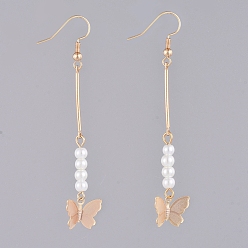 Golden Dangle Earrings, with Glass Pearl Beads, Iron Bar Links, Brass Charms and Earring Hooks, Butterfly, Golden, 70mm, Pin: 0.6mm