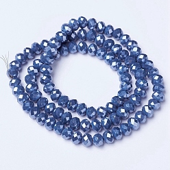 Steel Blue Electroplate Glass Beads Strands, Pearl Luster Plated, Faceted, Rondelle, Steel Blue, 3.5x3mm, Hole: 0.4mm, about 123~127pcs/strand, 13.7~14.1 inch(35~36cm)