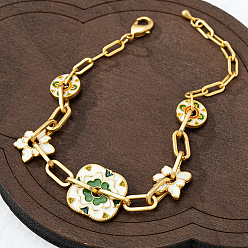 Белый Браслеты-цепочки из латуни с эмалью, браслеты-цепочки для женщин, квадратный, золотые, белые, 9-1/8 дюйм (23 см)