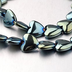 Зеленое Покрытие Гальванизировать немагнитных синтетический гематит нитей бисера, сердце, зеленый покрытием, 12x12x4 мм, отверстие : 1 мм, около 38 шт / нитка, 15.7 дюйм