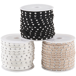 Argent 3 rouleaux 3 couleurs cordon plat en faux daim avec rivets en alliage, avec 1 des sacs cadeaux en organza à cordon, couleur mixte, argenterie, 5x2.5mm, environ 5.46 yards (5m)/rouleau, 1 rouleau / couleur