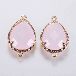 Misty Rose Glass Links connectors, with Brass Finding, Faceted, teardrop, Golden, Misty Rose, 23.5x14.5x5mm, Hole: 0.8mm
