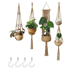 Перу Вешалки для растений макраме из хлопка, подвесные кашпо в стиле бохо, настенная декоративная подставка для цветочных горшков, с потолочным крючком, Перу, 90~140 см, 4 шт / комплект
