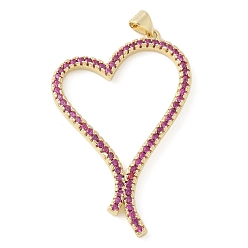 Средний Фиолетово-красный Латунные микро проложить кубического циркония подвески, сердце, стойки покрытие, долговечный, без свинца и без кадмия, средне фиолетовый красный, 46x31x3 мм, отверстие : 4.5x3.5 мм