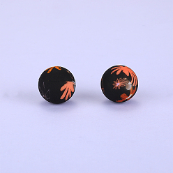 Black Printed Round with Flower Pattern Silicone Focal Beads, Black, 15x15mm, Hole: 2mm