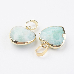 Amazonite Natural Amazonite Pendants, with Brass Findings, Faceted, Heart, Golden, 14~15x12~12.5x4.5~5.5mm, Hole: 4x6mm