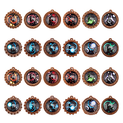 Mixed Color Glass Pendants, with Wooden Cabochon Settings, Half Round with 12 Constellations Pattern, Mixed Color, 44x43x11mm, Hole: 3mm, 1pc/constellation, 12 constellation, 12pcs/set