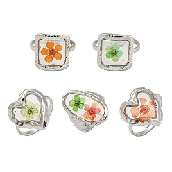 Mixed Shapes Латунные регулируемые кольца для женщин, без кадмия и без свинца, с эпоксидной смолой и сухоцветом внутри, платина, разнообразные, 15~26.5 мм, внутренний диаметр: 17 мм