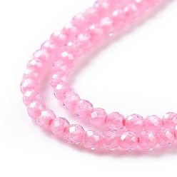 Flamingo Cubic Zirconia Beads Strands, Faceted, Round, Flamingo, 1.5~2x2mm, Hole: 0.2mm, about 178~186pcs/strand, 15~15.5 inch(37.5~38.5cm)