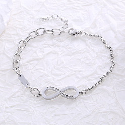 Нержавеющая Сталь Цвет Европейский стиль нержавеющая сталь стразы бесконечность ссылка, браслеты-цепочки rolo и cable для женщин, цвет нержавеющей стали