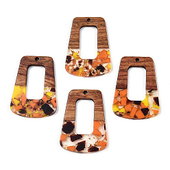 Коралловый Подвески из прозрачной смолы и ореха, золотой фольгой, трапециевидные подвески, коралл, 37.5x27x3 мм, отверстие : 2 мм