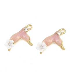 Oro Aleación con colgantes de esmalte rosa, con resina y diamantes de imitación de cristal, encantos de cola de pez, larga duración plateado, chapado en rack, dorado, 22x15x4.5 mm, agujero: 1.6 mm