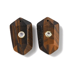 Тигровый глаз Граненые подвески из натурального тигрового глаза, подвески в форме кристального кластера, с латунными микро проложить кубических выводы циркония, золотые, 24.5x14.5x7.5~8.5 мм, отверстие : 1.2 мм