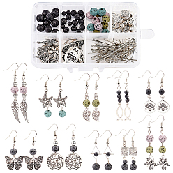 Antique Silver & Platinum DIY Earring Making Kits, include Natural Lava Rock Round Beads, Alloy Pendants & Links & Beads, CCB Plastic Pendants, Brass Linking Rings & Earring Hooks, Antique Silver & Platinum, 156pcs/box