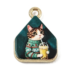 Cat Shape Печатные подвески сплава, пятиугольник и амулеты в виде животных, стойки покрытие, без кадмия и без свинца, золотые, темно-зеленый, форма кошки, 18.5x14x3 мм, отверстие : 1.8 мм