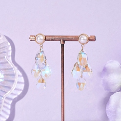 Золотой Серьги-гвоздики из ограненного стекла с подвесками в форме капли, с латунной фурнитурой для сережек-гвоздиков и 304 нержавеющей сталью, устойчивой к потускнению 304 элементами люстры из нержавеющей стали, золотые, 50.5x51 мм