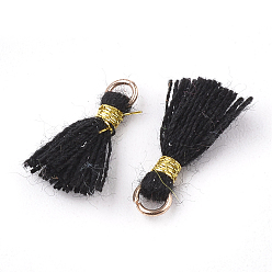 Black Polycotton(Polyester Cotton) Tassel Pendant Decorations, Mini Tassel, with Iron Findings and Metallic Cord, Light Gold, Black, 10~15x2~3mm, Hole: 1.5mm