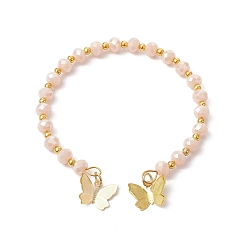 Misty Rose Glass Round Beaded Cuff Bangles, with Golden Brass Butterfly Charms, Misty Rose, Inner Diameter: 2-1/8 inch(5.5cm)