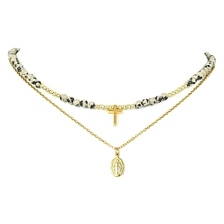 Золотой 2 шт. 2 стиль 304 набор ожерелий с подвеской в форме Девы Марии и креста из нержавеющей стали, с круглыми цепочками из бисера из натуральной далматинской яшмы, золотые, 15.94~16.14 дюйм (40.5~41 см), 1 шт / стиль