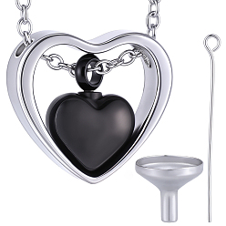 Black 1Pc 304 Stainless Steel Heart Pendant Urn Ashes Necklaces, with 1Pc 304 Stainless Steel Mini Funnel, with Eye Pins, Black, 15.98 inch(40.6cm)
