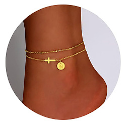 Letter N Браслеты на ногу из латуни с боковыми поперечными связями и плоскими круглыми начальными подвесками, золотые, Письмо N, 7-7/8 дюйм (200 мм)