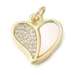 Clear Valentine's Day Brass & Cubic Zirconia & Natural Shell Charms, Heart Charms, Real 16K Gold Plated, Clear, 15x14x2mm, Hole: 3mm