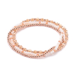 Gemischte Farbe 3 Stück 3 Stile Stretch-Perlen-Armbänder-Sets, mit Glasperlen und rosévergoldeten Messingperlen, Rondelle & Runde, Gemischte Farbe, 2-1/4 Zoll (5.6~5.8 cm), 1 pc / style