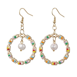 Разноцветный Золотое 304 кольцо из нержавеющей стали, серьги с подвесками, серьги-капли из натурального жемчуга и стеклянных семян, красочный, 58.5x32.5 мм