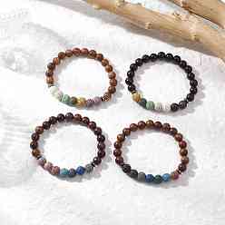 Лавовый камень 4шт., круглые бусины из натуральной окрашенной лавы и дерева, эластичные браслеты, с немагнитных синтетическими гематита бисера, внутренний диаметр: 2-1/8 дюйм (5.5 см)
