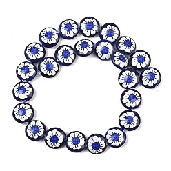 Blau Gedruckt handgefertigten Porzellanperlen, flach rund mit Blume, Blau, 15x6 mm, Bohrung: 2 mm
