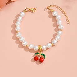 Вишня Латунь эмаль шарм браслеты, Браслеты из пластиковых бусин с имитацией жемчуга для женщин, вишня, внутренний диаметр: 6-3/4 дюйм (17 см)